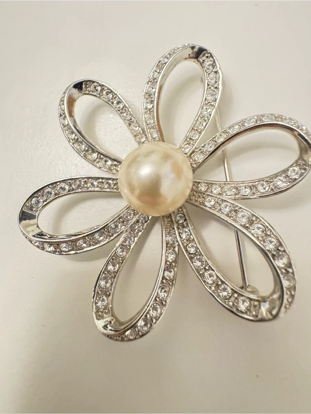 Silver-Tone Flower Brooch with Pearl Center and Sparkling Crystals
